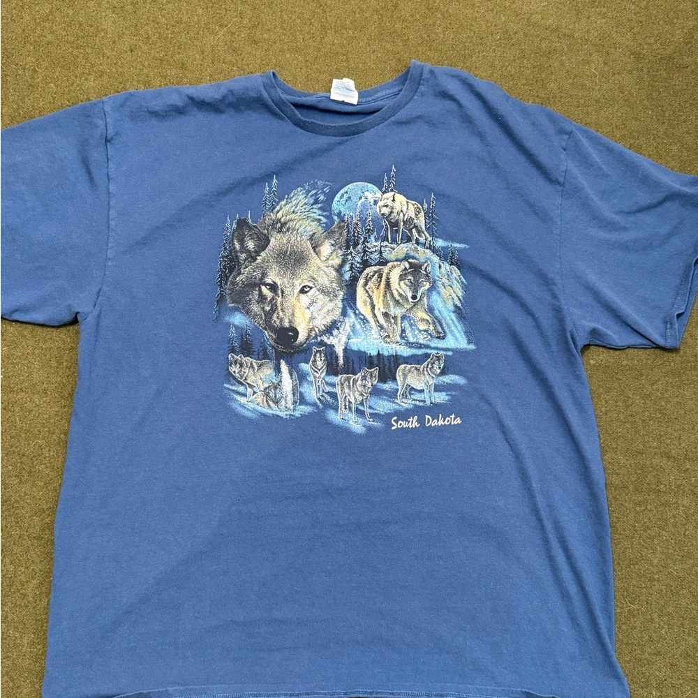 Wolf T-Shirt Men's Size 2XL Blue Graphic Print Vintage Y2K Wolves Nature Design